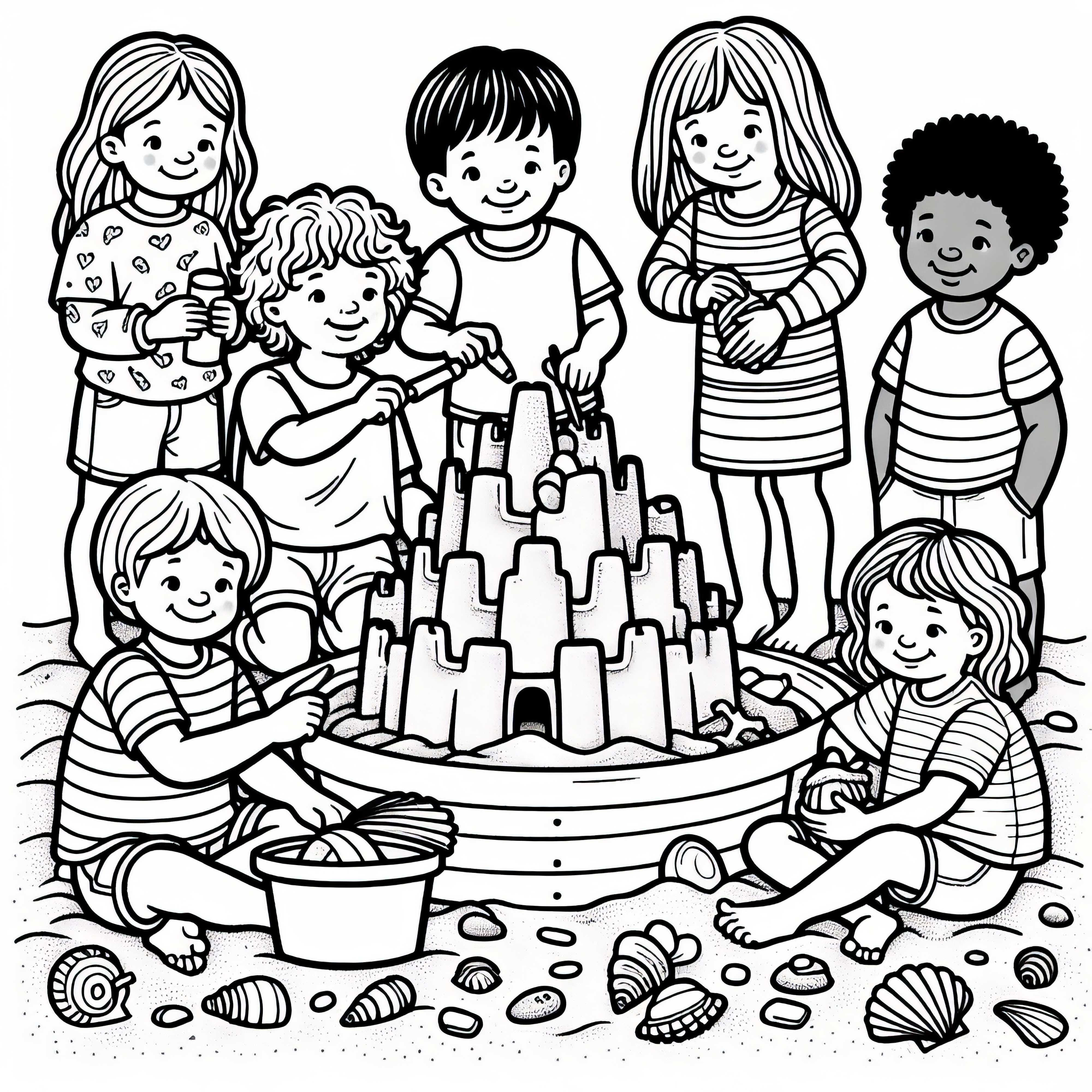 Дети украшают свою песочницу ракушками и камнями – Бесплатная раскраска Дети украшают свой песочный замок ракушками и камнями – бесплатная раскраска
