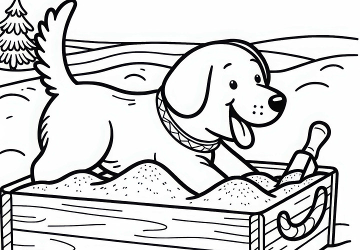 Собака весело копает в песочнице - Бесплатный раскраска