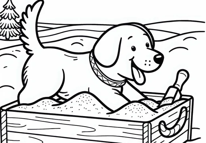 Собака весело копает в песочнице - Бесплатный раскраска