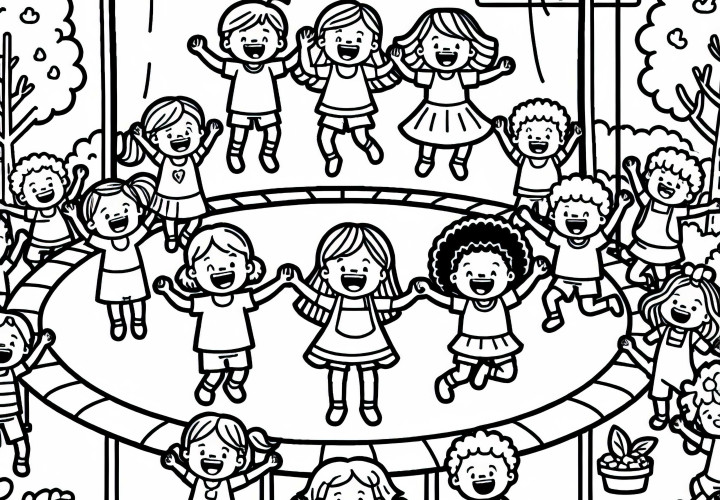 Дети смеются и прыгают на батуте – бесплатная раскраска