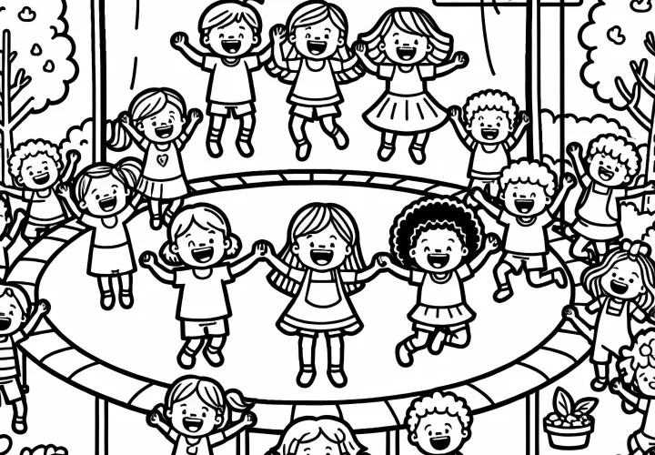 Дети смеются и прыгают на батуте – бесплатная раскраска