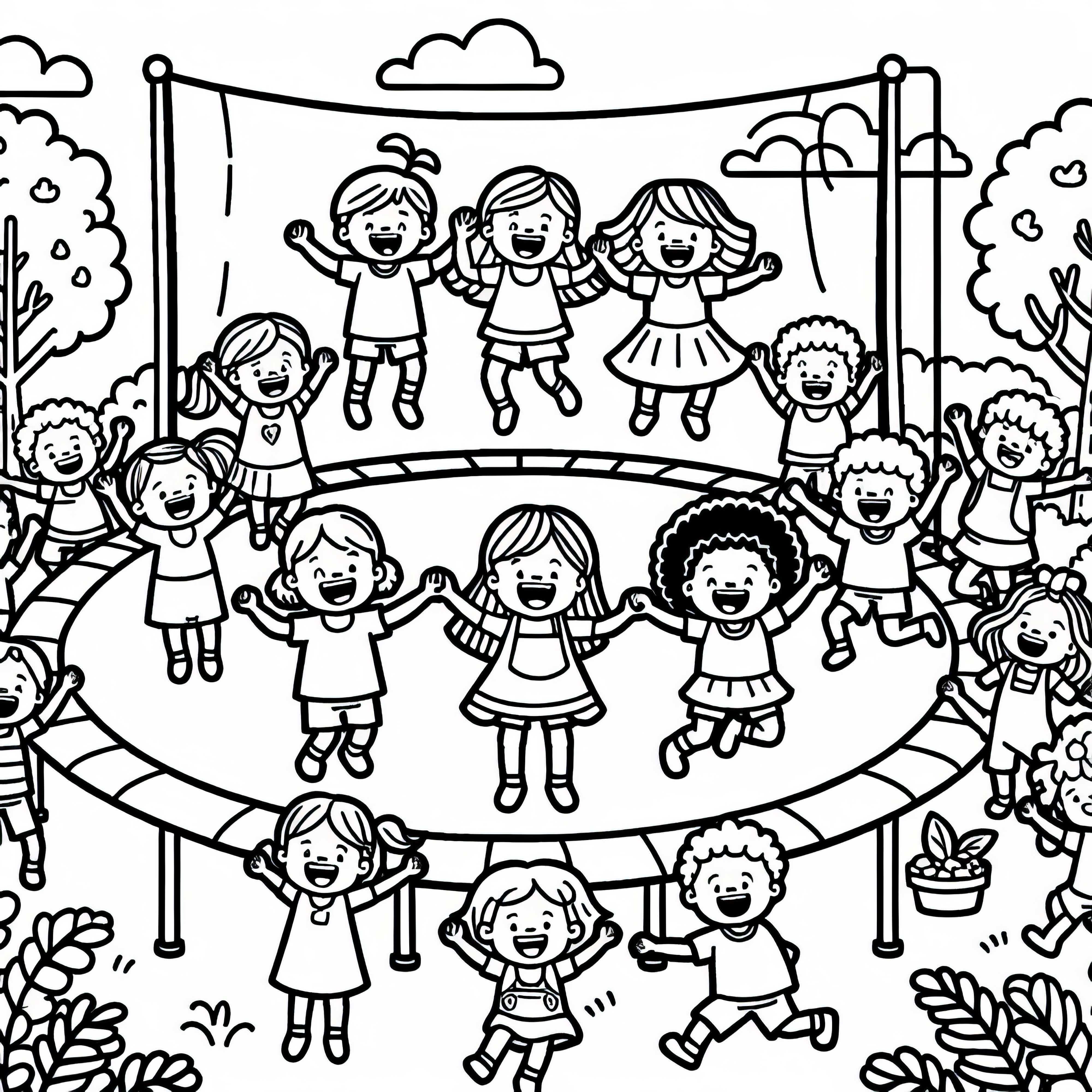 Дети смеясь прыгают на батуте – Бесплатная раскраска Дети радуясь прыгают на батуте – Раскраска бесплатно