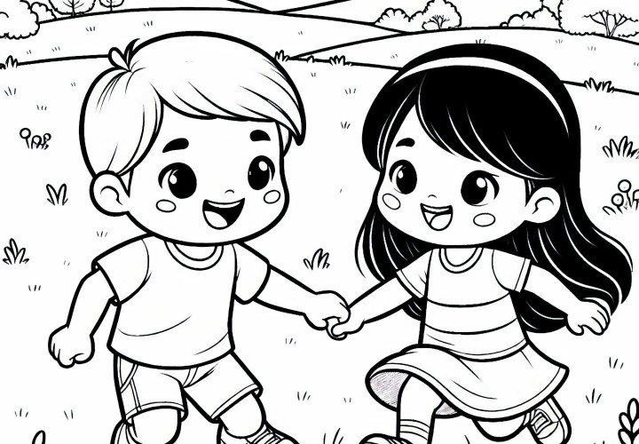 Двое детей играют в прятки на лужайке – бесплатная раскраска
