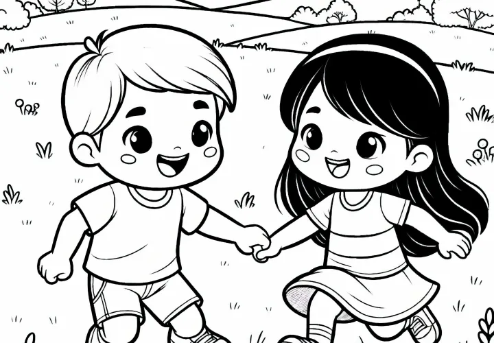 Двое детей играют в прятки на лужайке – бесплатная раскраска