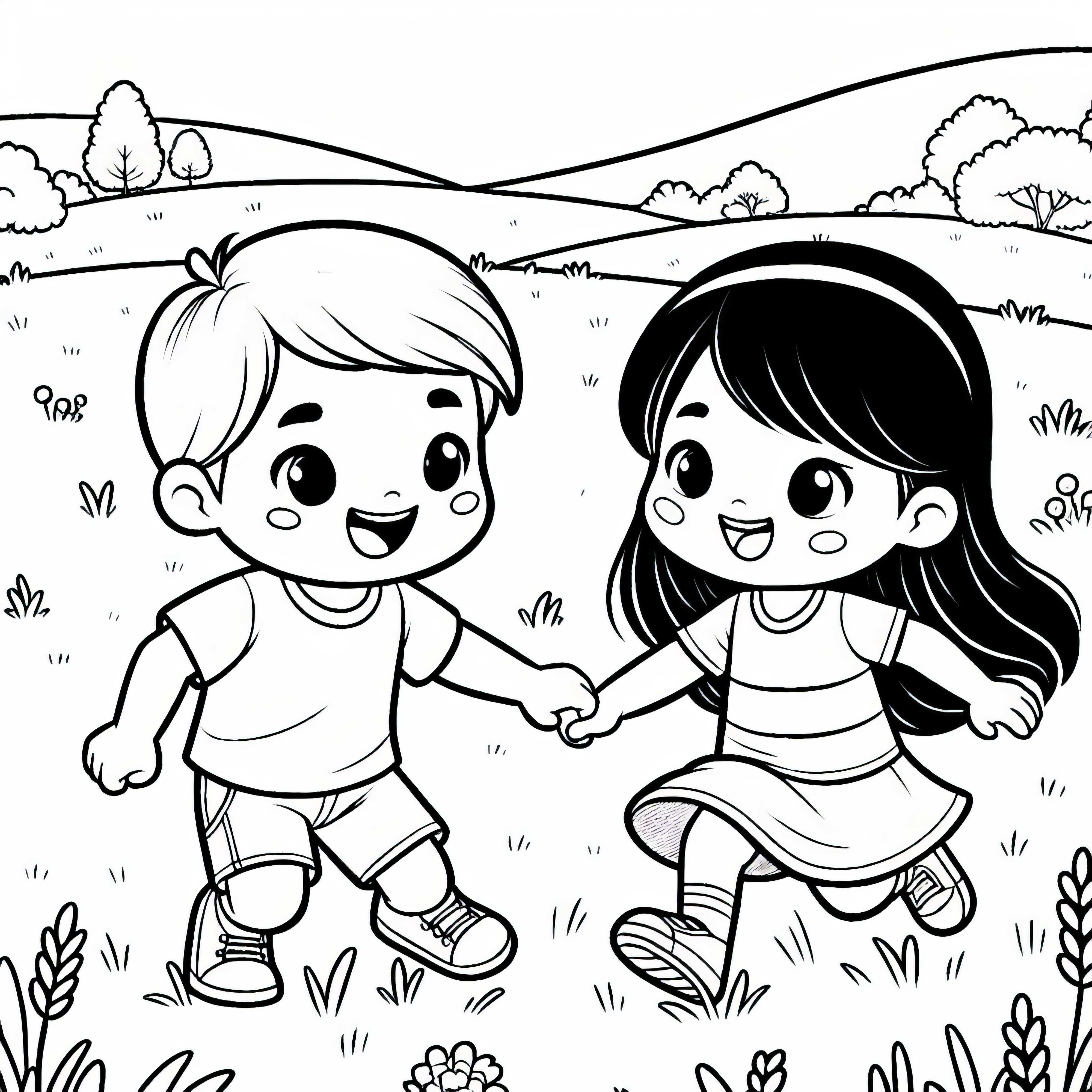 Два ребёнка играют в догонялки на лужайке – бесплатный раскраска Двое детей играют в догонялки на лужайке – бесплатный раскраску