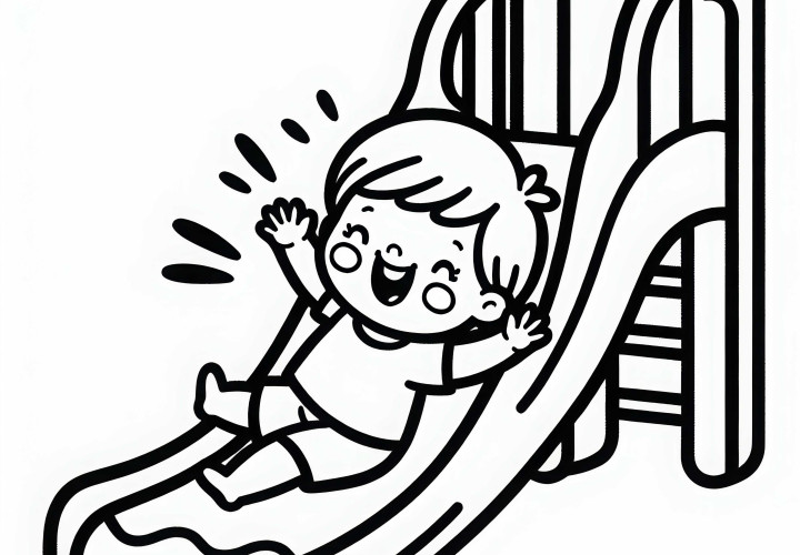 Ребёнок весело скатывается с горки – Бесплатная раскраска