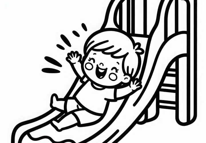 Ребёнок весело скатывается с горки – Бесплатная раскраска