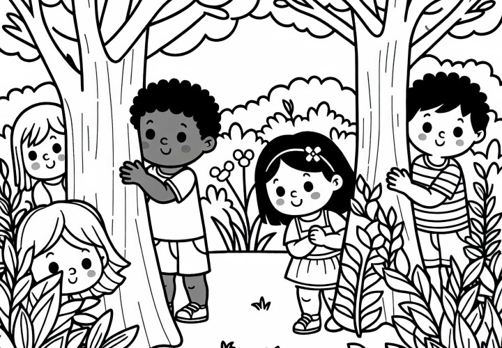 Дети прячутся за деревьями и кустами – Бесплатный раскраски