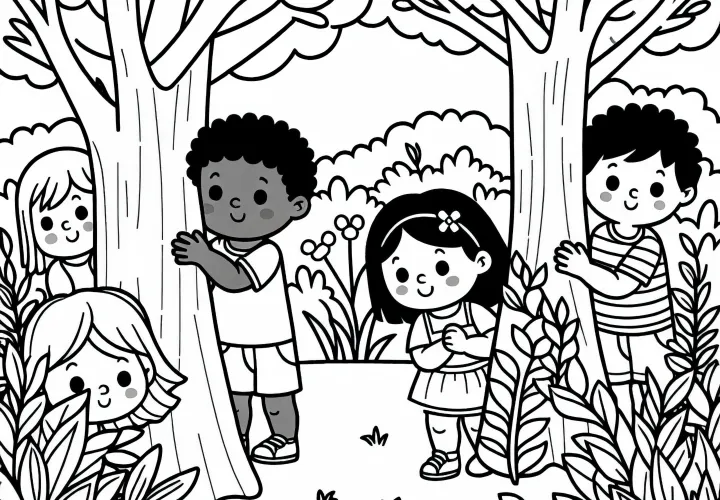 Дети прячутся за деревьями и кустами – Бесплатный раскраски