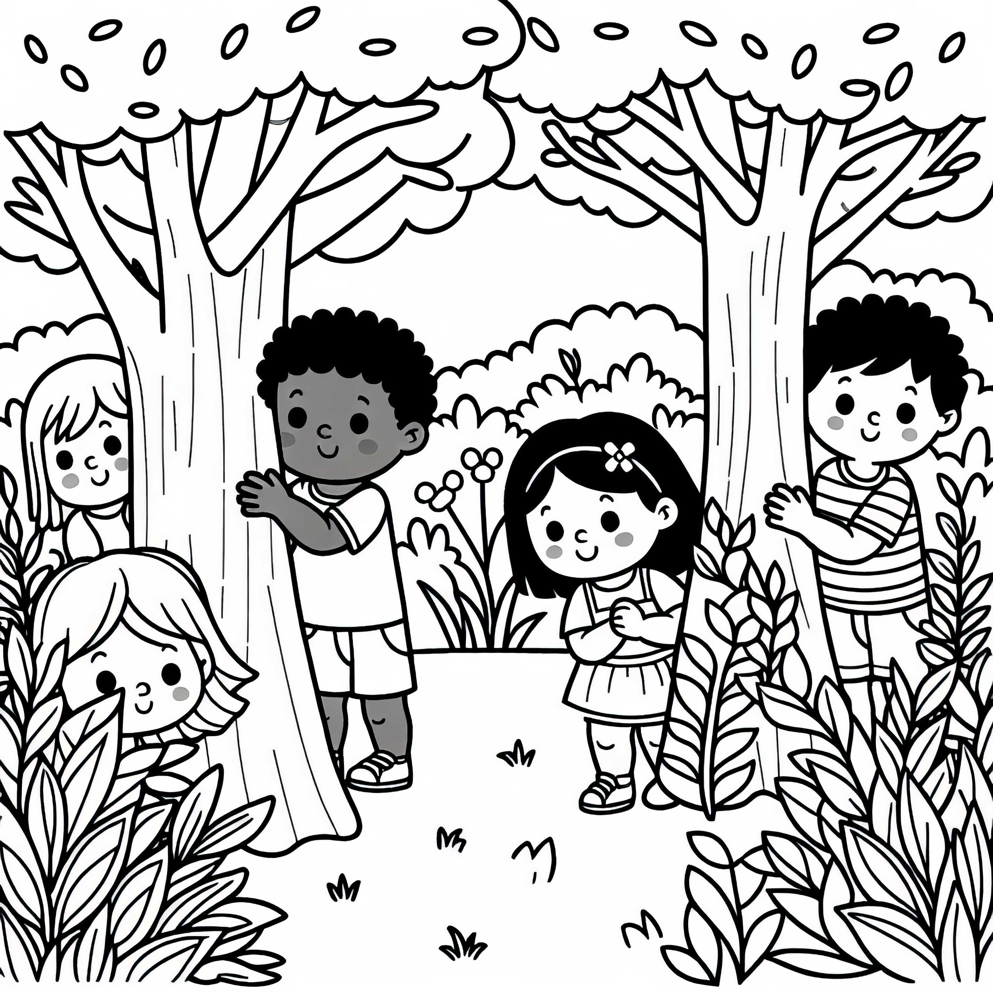 Дети прячутся за деревьями и кустами – Бесплатная раскраска Дети прячутся за деревьями и кустами – бесплатная раскраска
