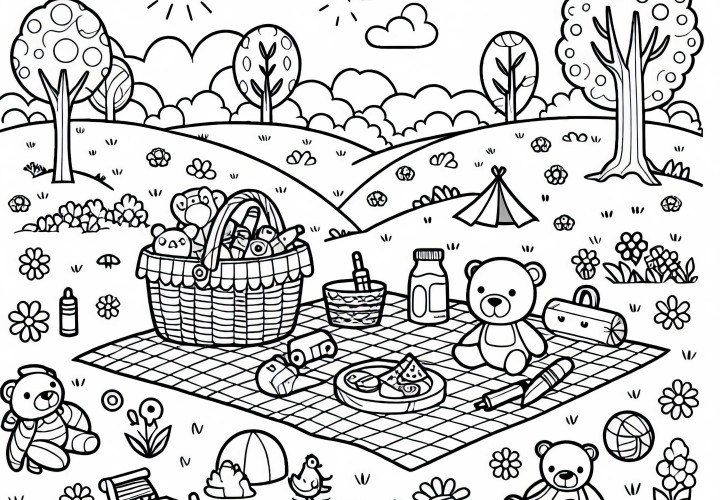 Пикниковый плед с игрушками на лугу – бесплатный раскраски