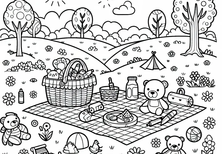 Пикниковый плед с игрушками на лугу – бесплатный раскраски