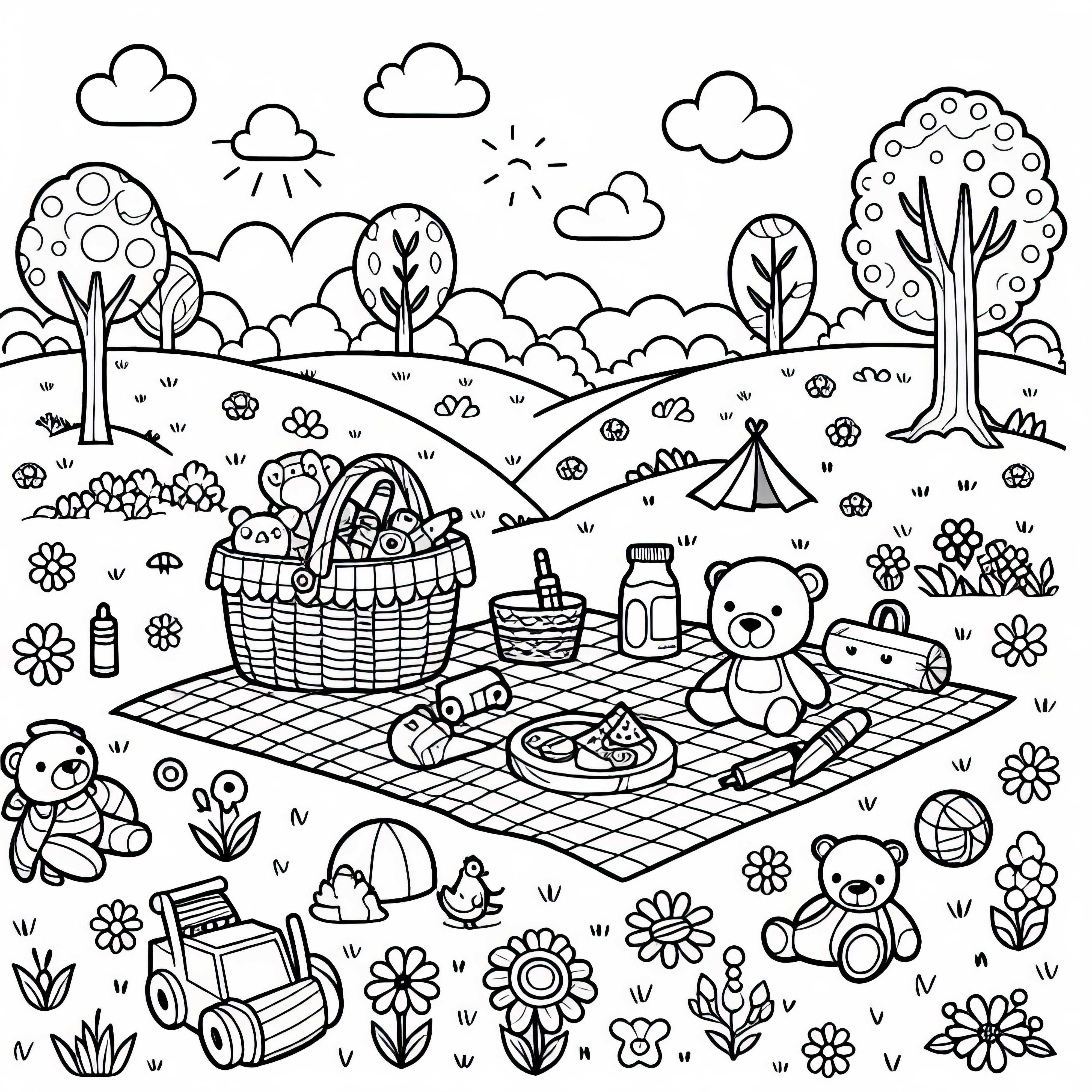 Пикниковый плед с игрушками на лужайке – бесплатный раскраска Пикниковое одеяло с игрушками на лужайке - бесплатная раскраска