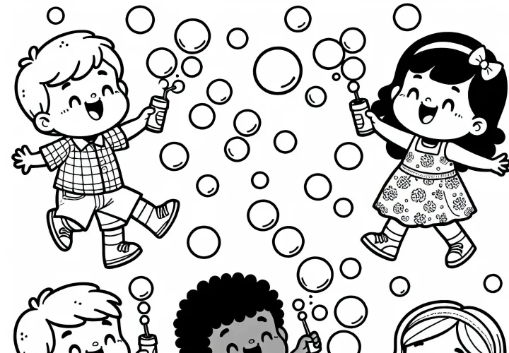Дети играют и смеются с мыльными пузырями – бесплатный раскраска