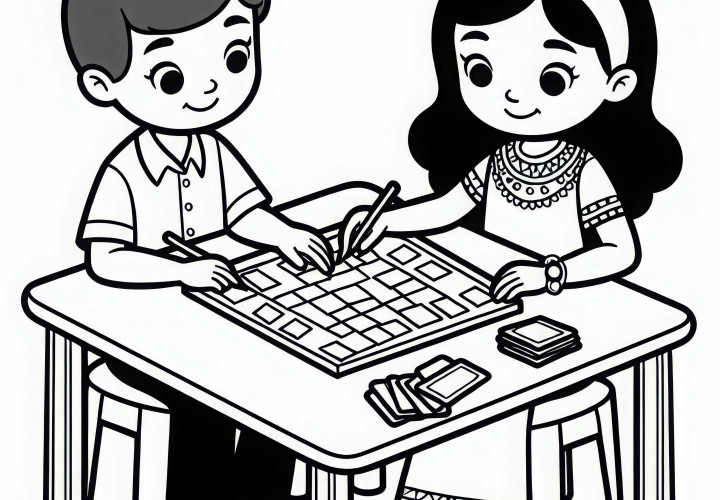 Duas crianças jogam concentradas memória na mesa - modelo para colorir grátis