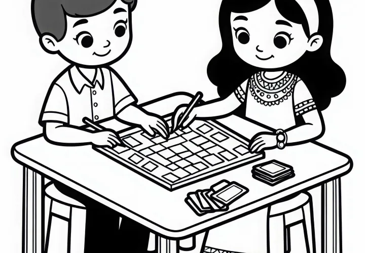 Два ребенка сосредоточенно играют в память за столом – бесплатный раскраска