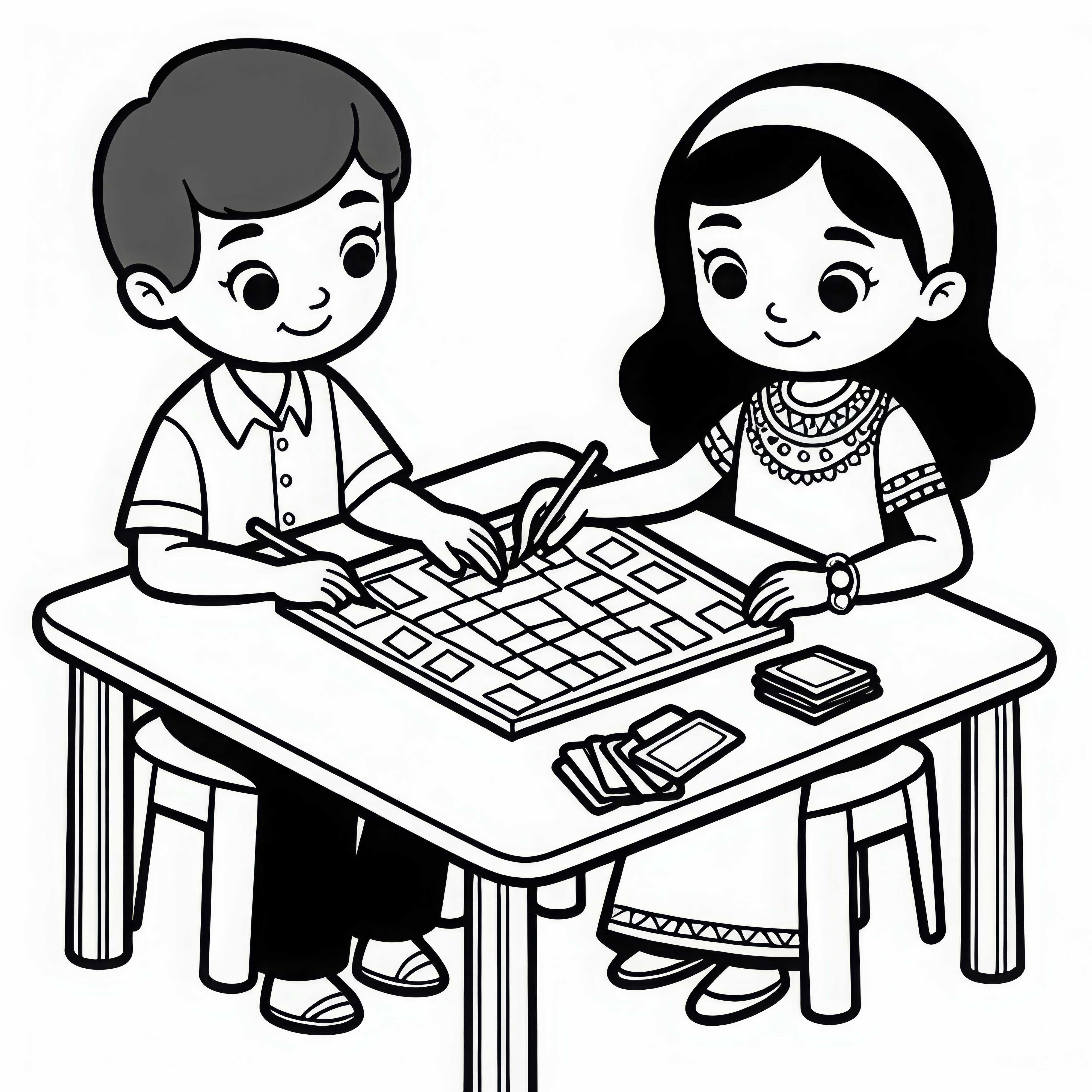 Duas crianças jogando concentradas memória na mesa - modelo para colorir grátis