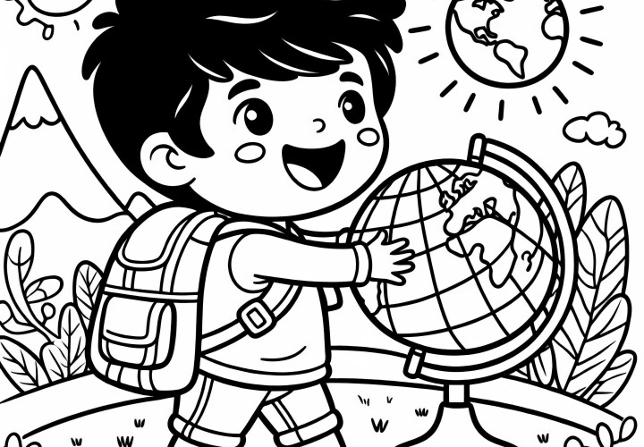 Criança explora entusiasticamente o mundo com um globo - Desenho para colorir grátis