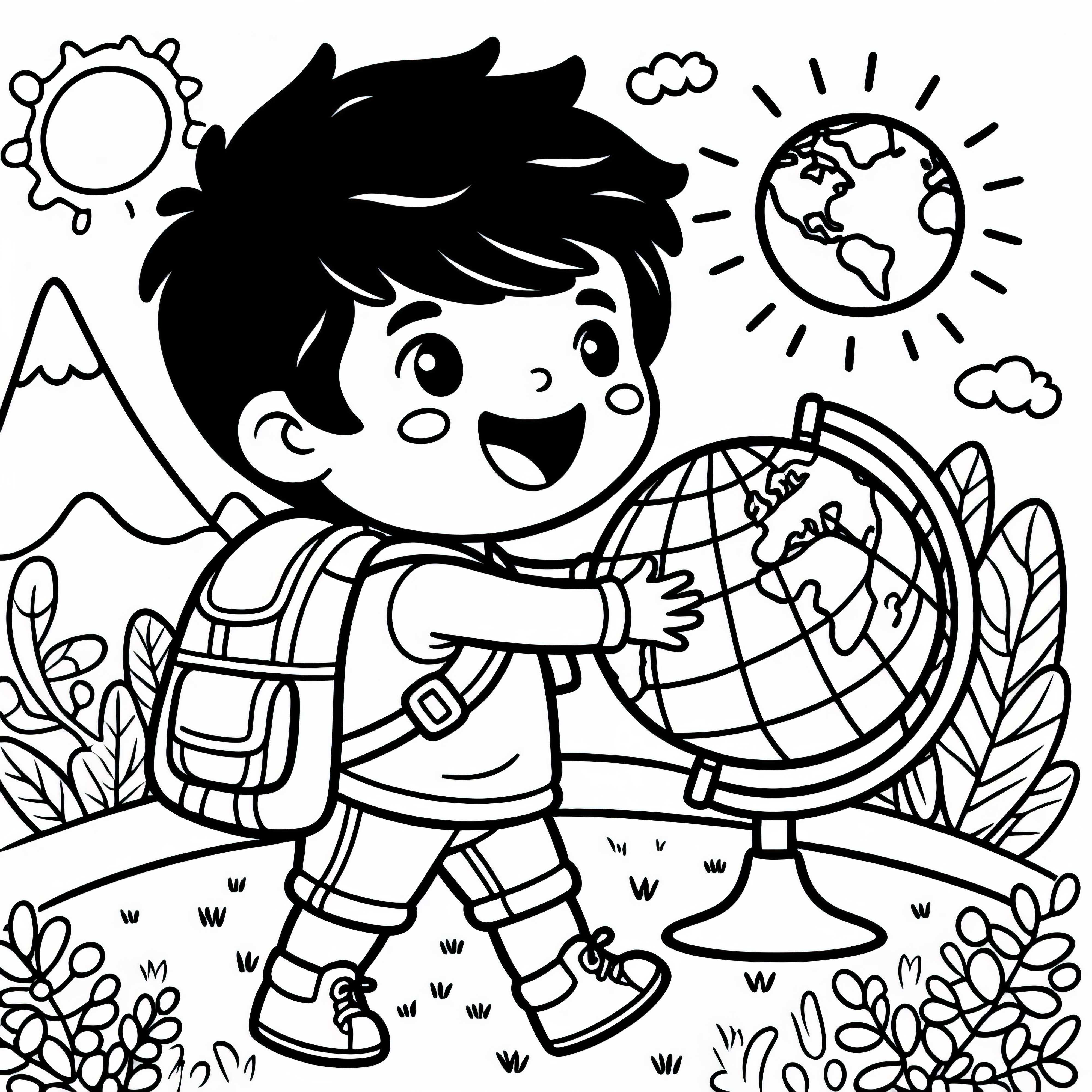 Criança explora entusiasticamente o mundo com um globo - Desenho para colorir grátis