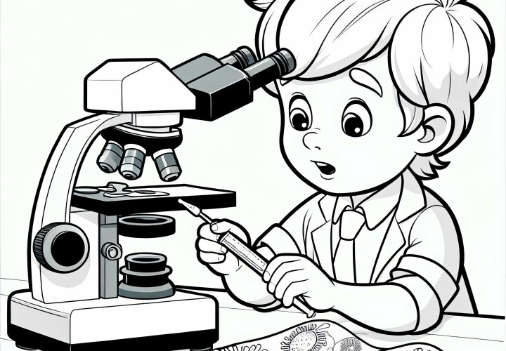 Criança descobre curiosa algo sob o microscópio – Modelo para colorir grátis