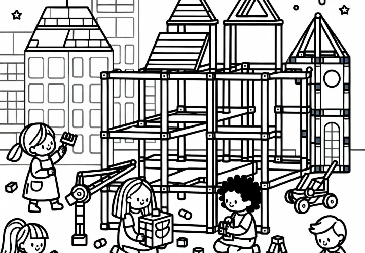 Дети строят креативные конструкции – Бесплатная раскраска