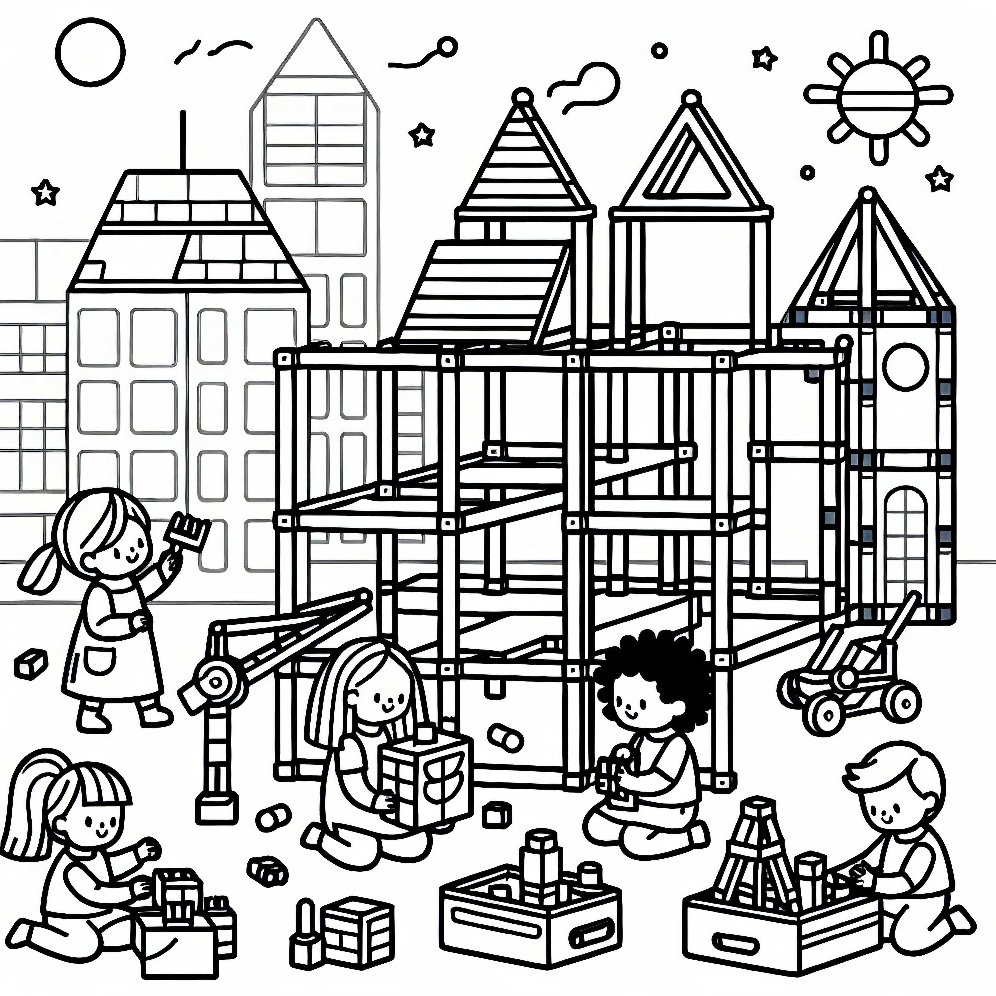 Crianças constroem criações criativas - Desenho para colorir gratuito