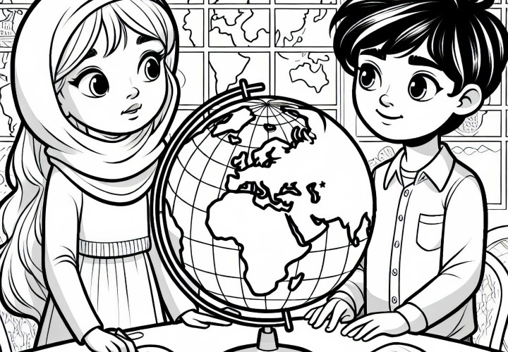 Crianças com globo - Desenho para colorir para download gratuito