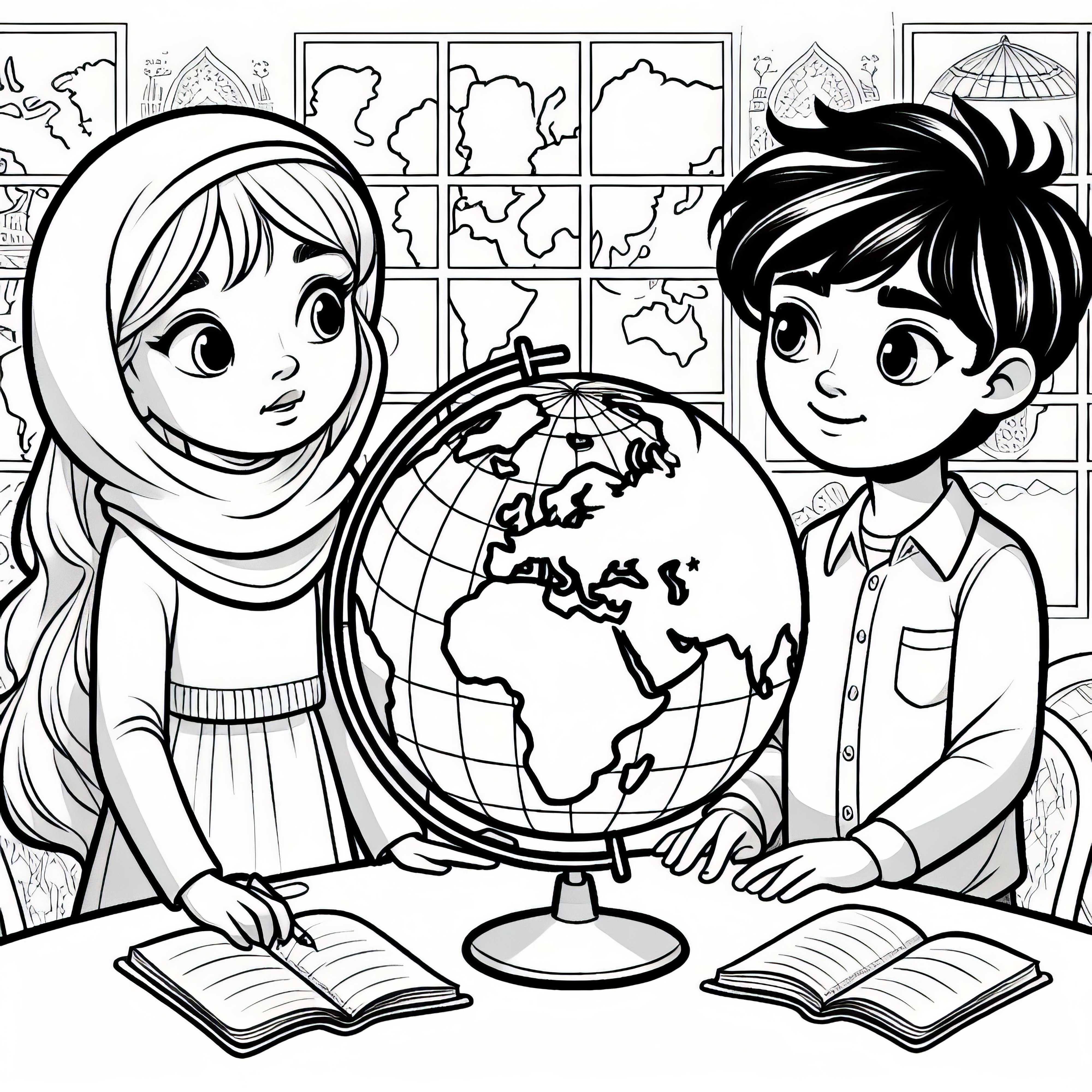 Crianças com globo – Imagem para colorir para download gratuito Crianças com globo – Desenho para colorir para download gratuito