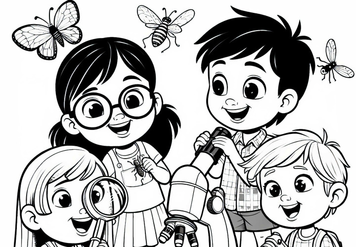 Crianças observam insetos com lupa e microscópio – Desenho para colorir grátis