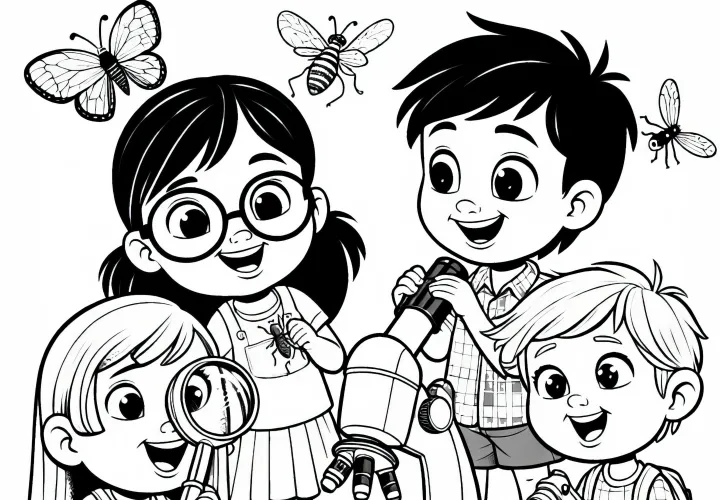 Дети наблюдают за насекомыми с лупой и микроскопом – раскраска бесплатно
