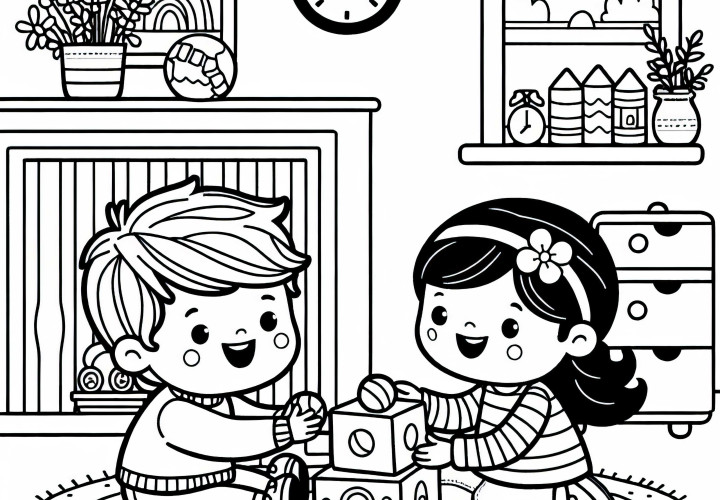 Два ребёнка весело играют в детской комнате – Бесплатная раскраска