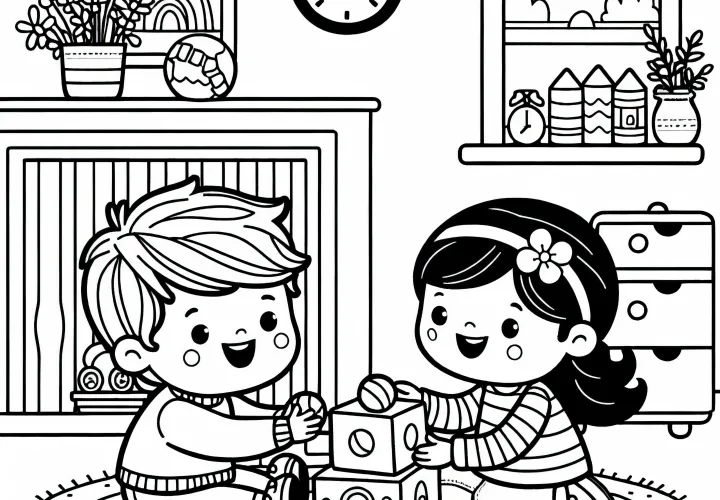 Два ребёнка весело играют в детской комнате – Бесплатная раскраска
