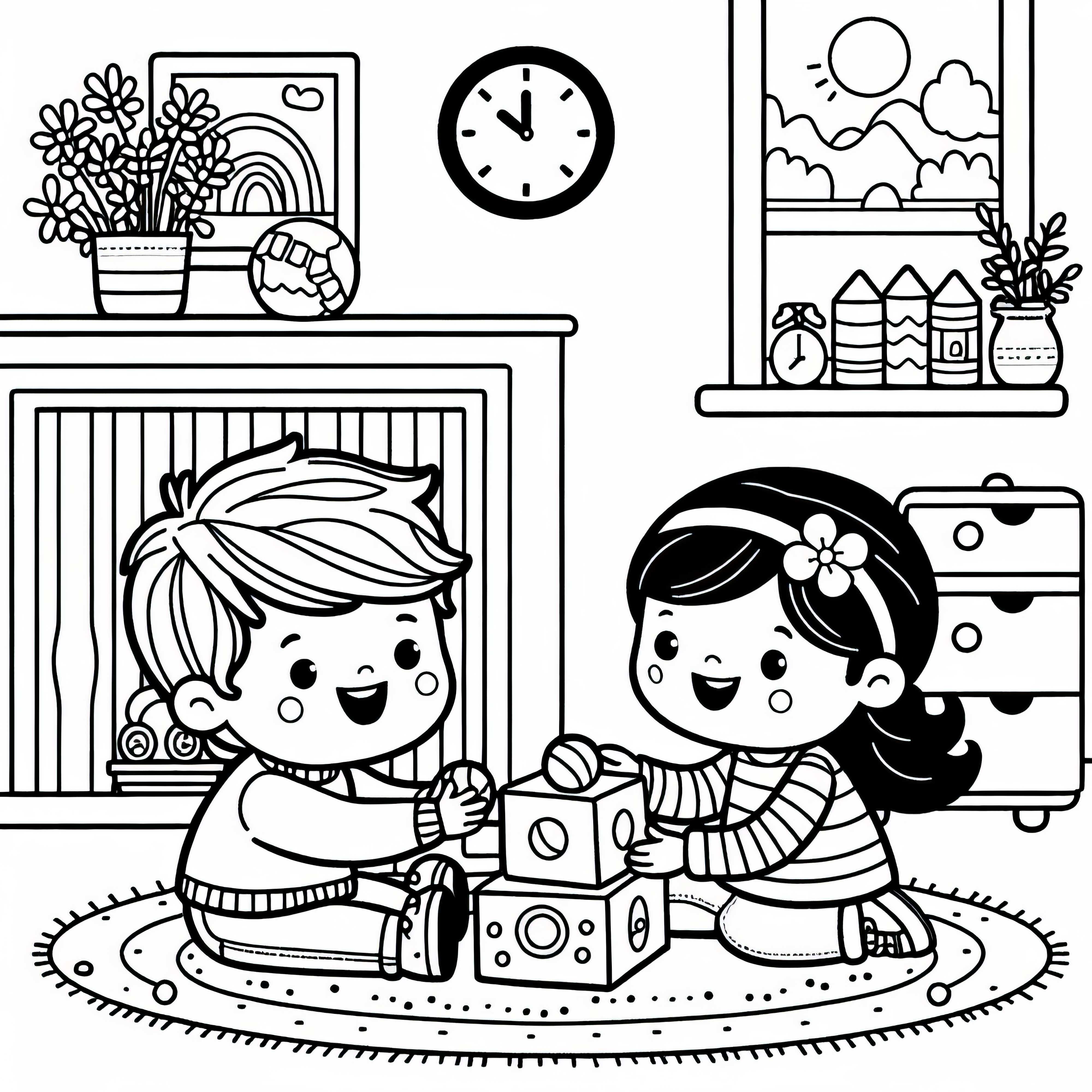 Два ребёнка весело играют в детской комнате – бесплатный раскраски Два ребенка весело играют в детской комнате – бесплатная раскраска