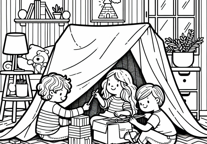 Дети строят замок из одеял в детской – Раскраска бесплатно