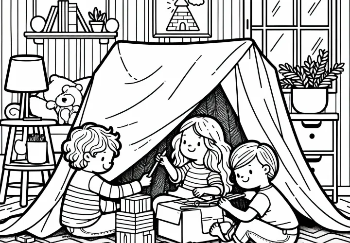 Дети строят замок из одеял в детской – Раскраска бесплатно