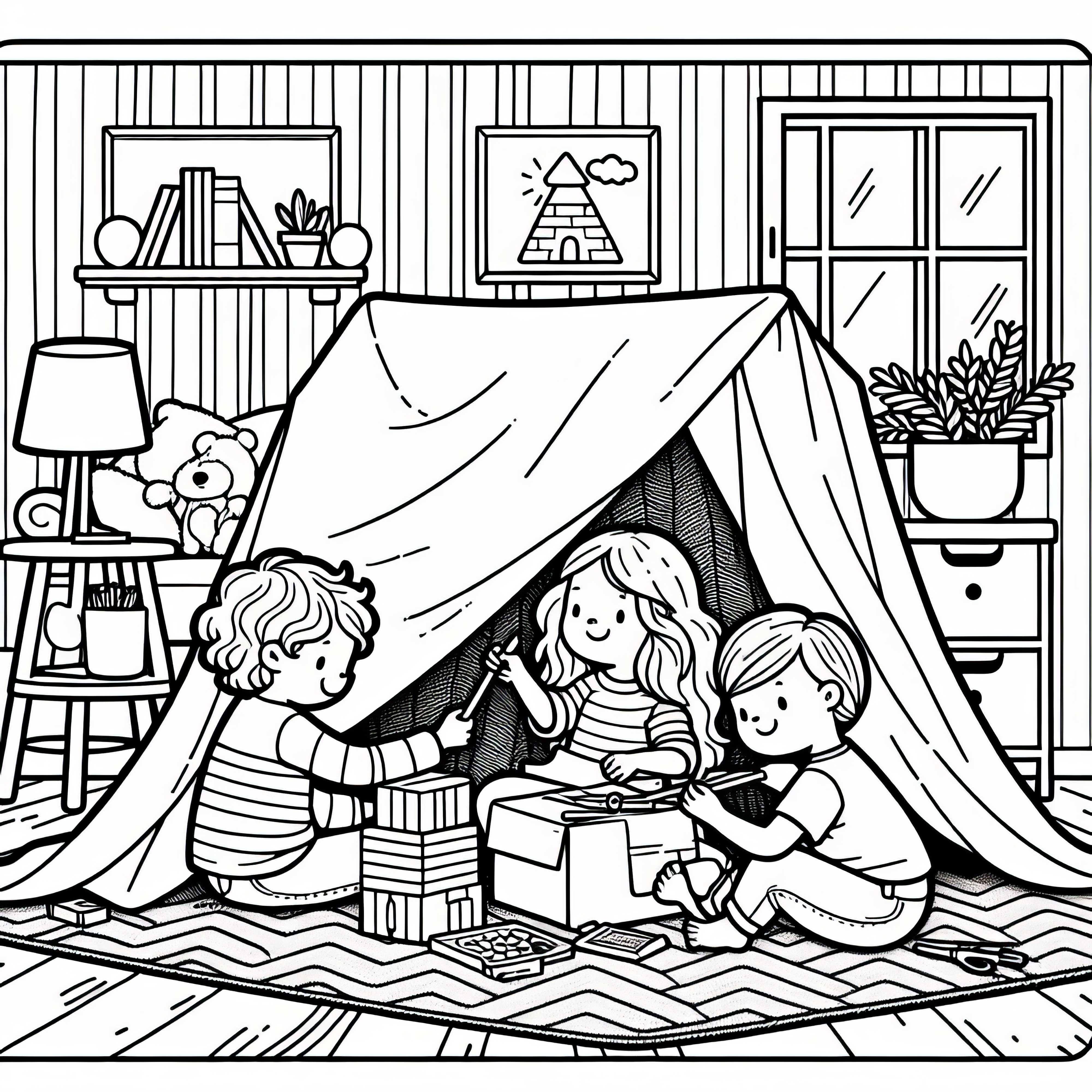 Дети строят крепость из одеял в детской комнате – бесплатная раскраска Дети строят замок из одеял в детской комнате – бесплатная раскраска