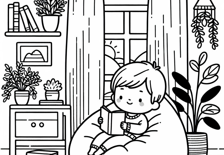 Ребёнок уютно сидит на пуфе в детской – раскраска бесплатно