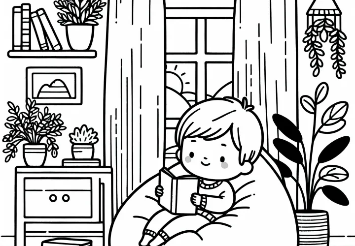 Ребёнок уютно сидит на пуфе в детской – раскраска бесплатно