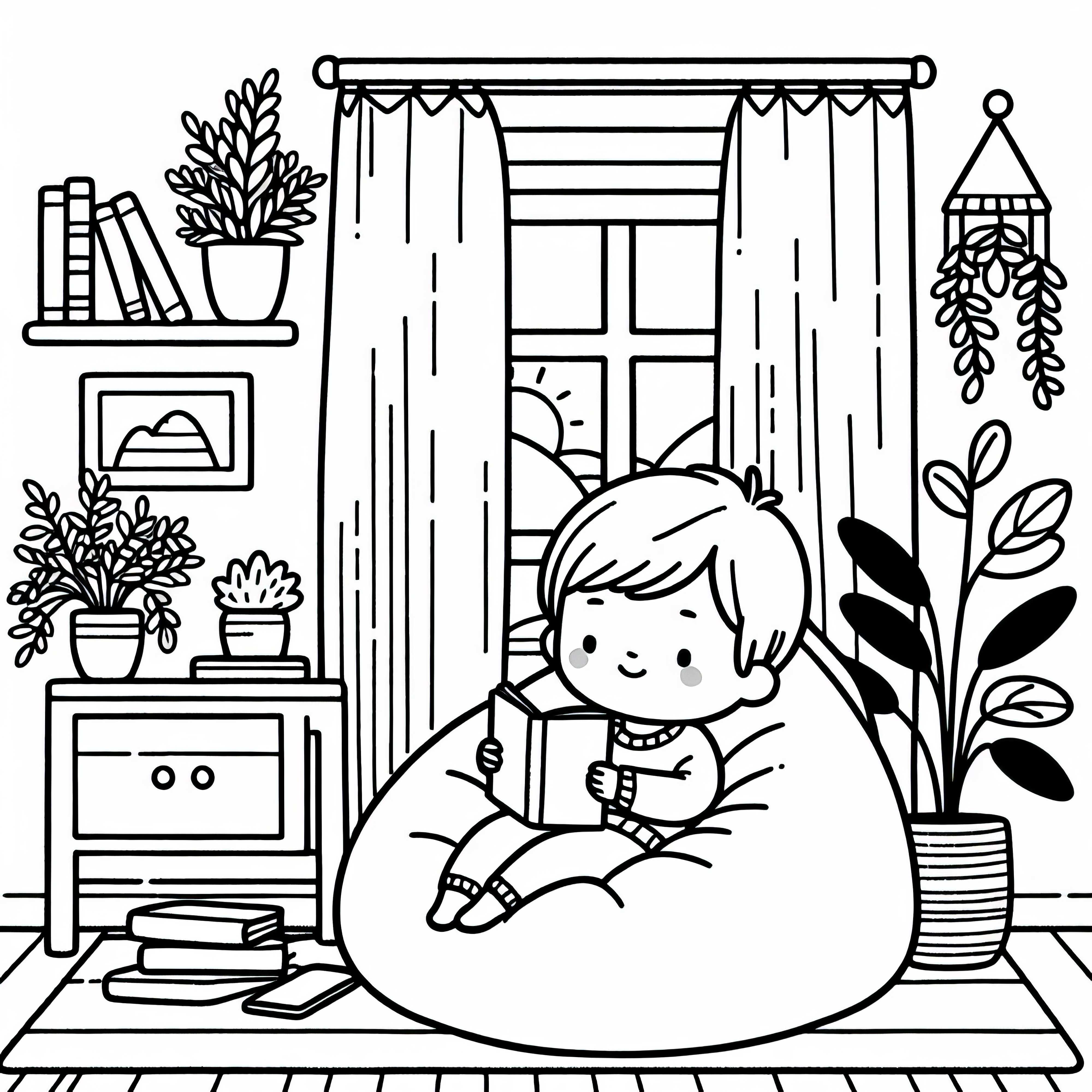 Ребенок уютно читает на груше в детской комнате – бесплатная раскраска Ребёнок удобно сидит на мягком пуфе в детской - Раскраска бесплатно