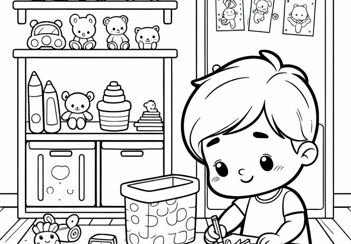 Ребёнок убирает детскую комнату – Бесплатный шаблон для раскраски