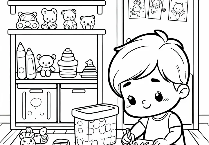 Ребёнок убирает детскую комнату – Бесплатный шаблон для раскраски