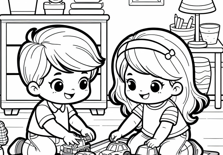 Дети играют на ковре с игрушечными автомобилями в детской комнате – бесплатный раскрас