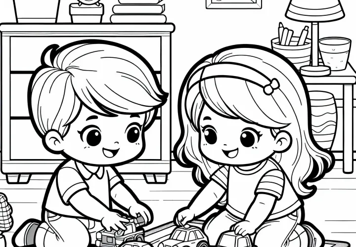 Дети играют на ковре с игрушечными автомобилями в детской комнате – бесплатный раскрас