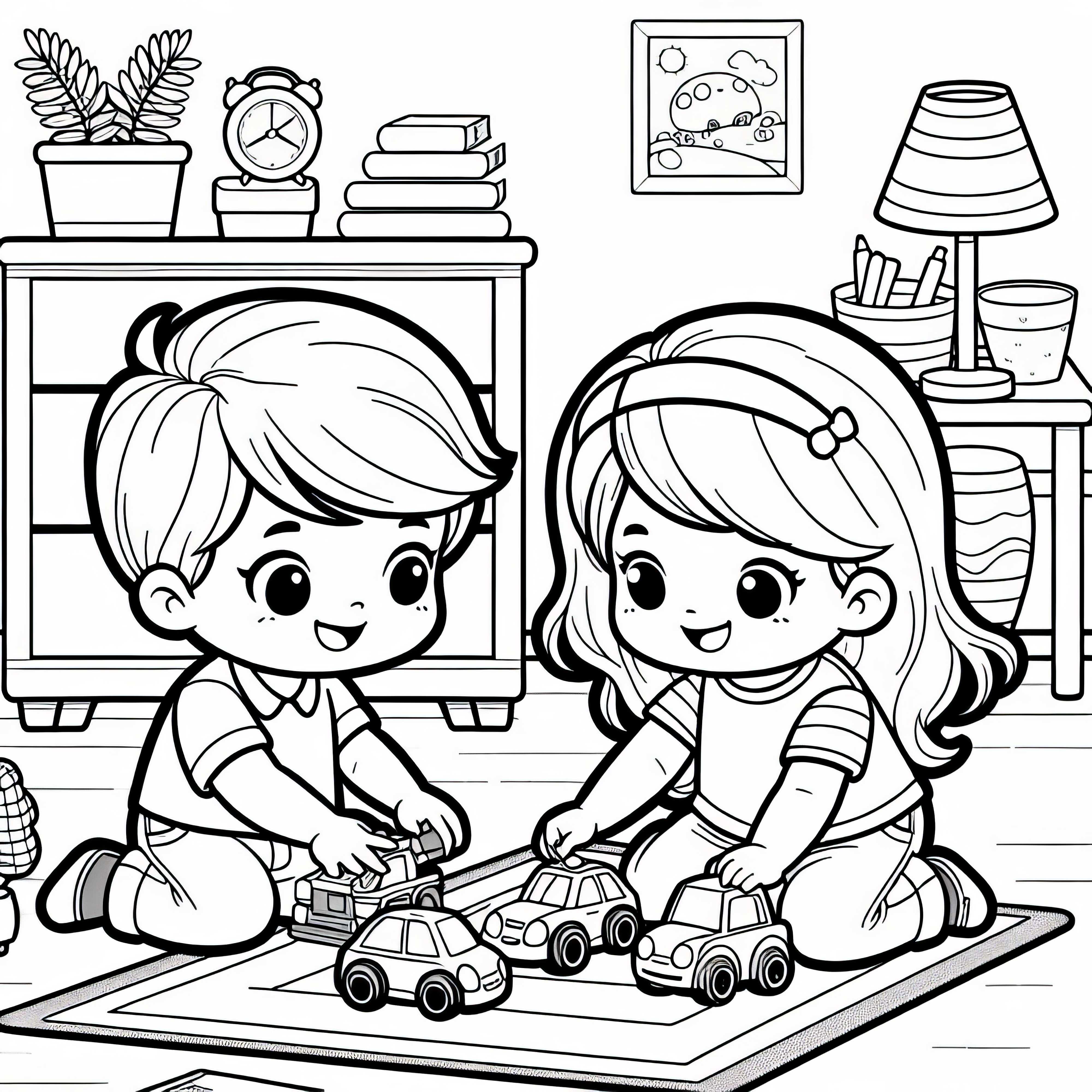 Дети играют на ковре с игрушечными машинками в детской – бесплатный раскраска Дети играют на ковре с игрушечными машинами в детской комнате – бесплатный раскраска