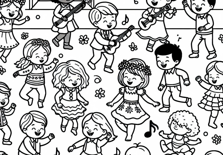 Дети весело танцуют под музыку в детской – Бесплатная раскраска
