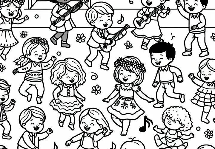 Дети весело танцуют под музыку в детской – Бесплатная раскраска