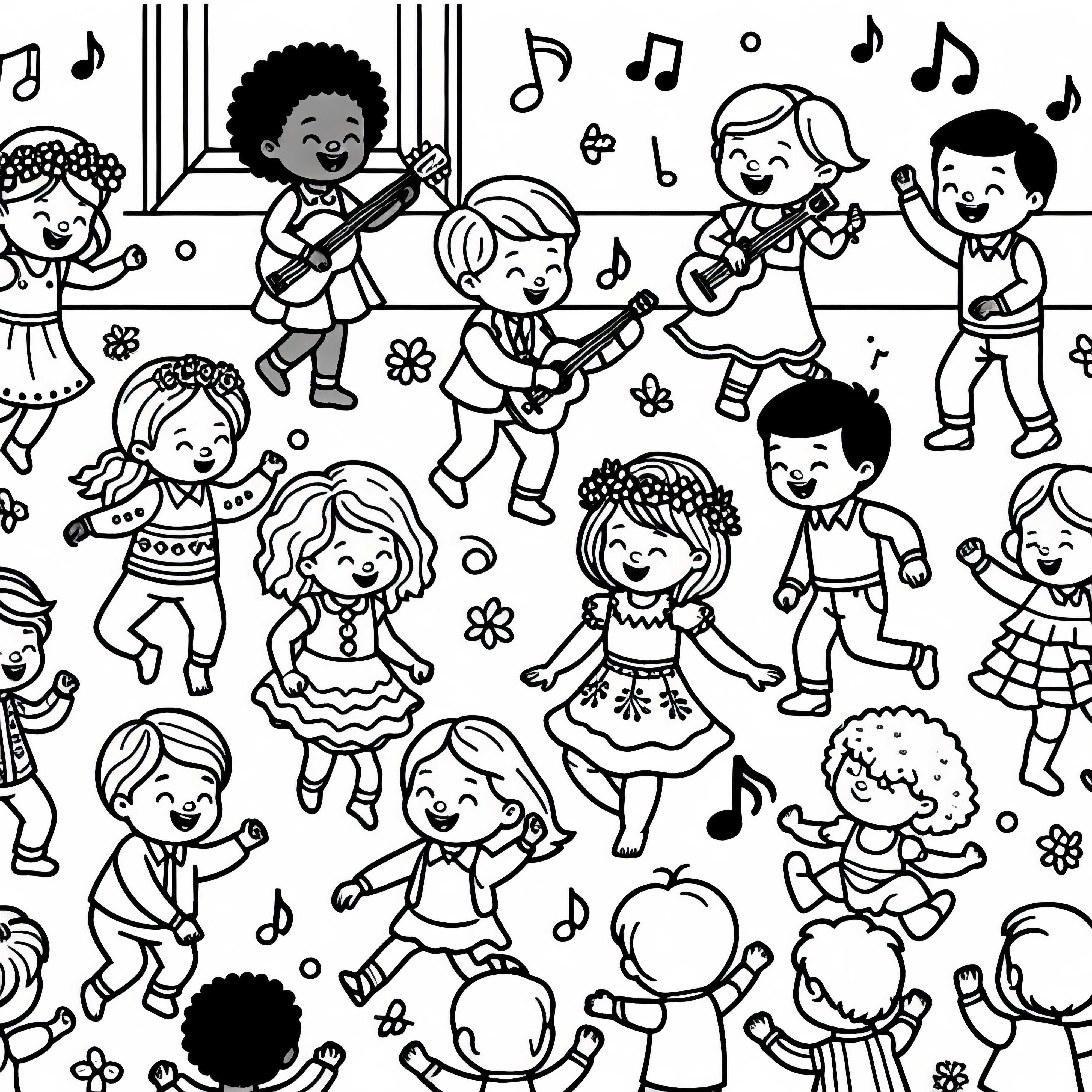 Дети танцуют беззаботно под музыку в детской – Бесплатная раскраска Дети весело танцуют под музыку в детской – Бесплатная раскраска