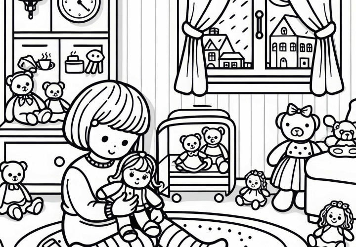 Ребёнок уютно играет с куклами в детской комнате – бесплатно скачать раскраску