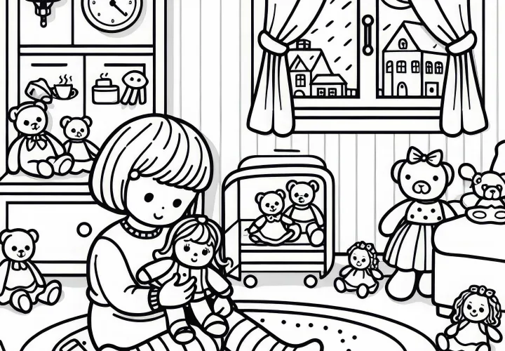 Ребёнок уютно играет с куклами в детской комнате – бесплатно скачать раскраску