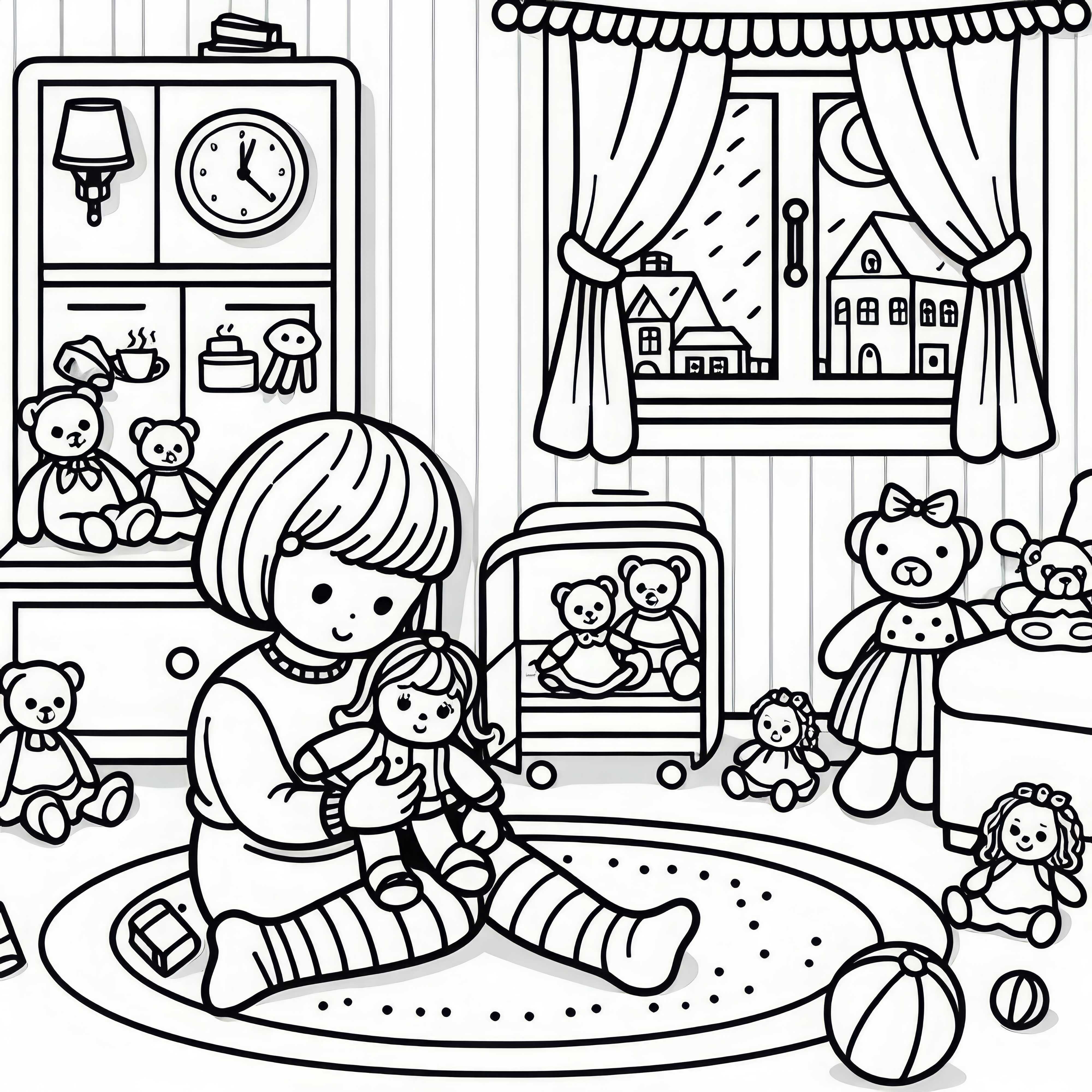 Ребенок игриво играет с куклами в детской – Бесплатно скачать раскраску